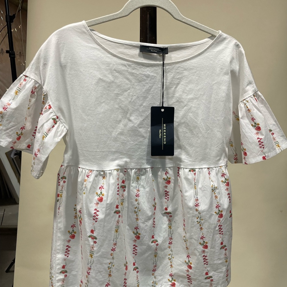 MaxMara Weekend Crewneck Tee in White Peplum Ruffle Cotton